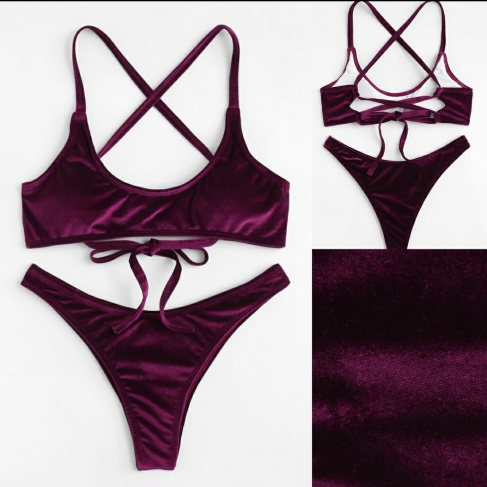 🔥 🆕Eggplant velvet criss cross back bikini